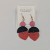 Red Clear Acrylic Hearts on Black Leather Semicircles and Pink Leather Studs Earrings